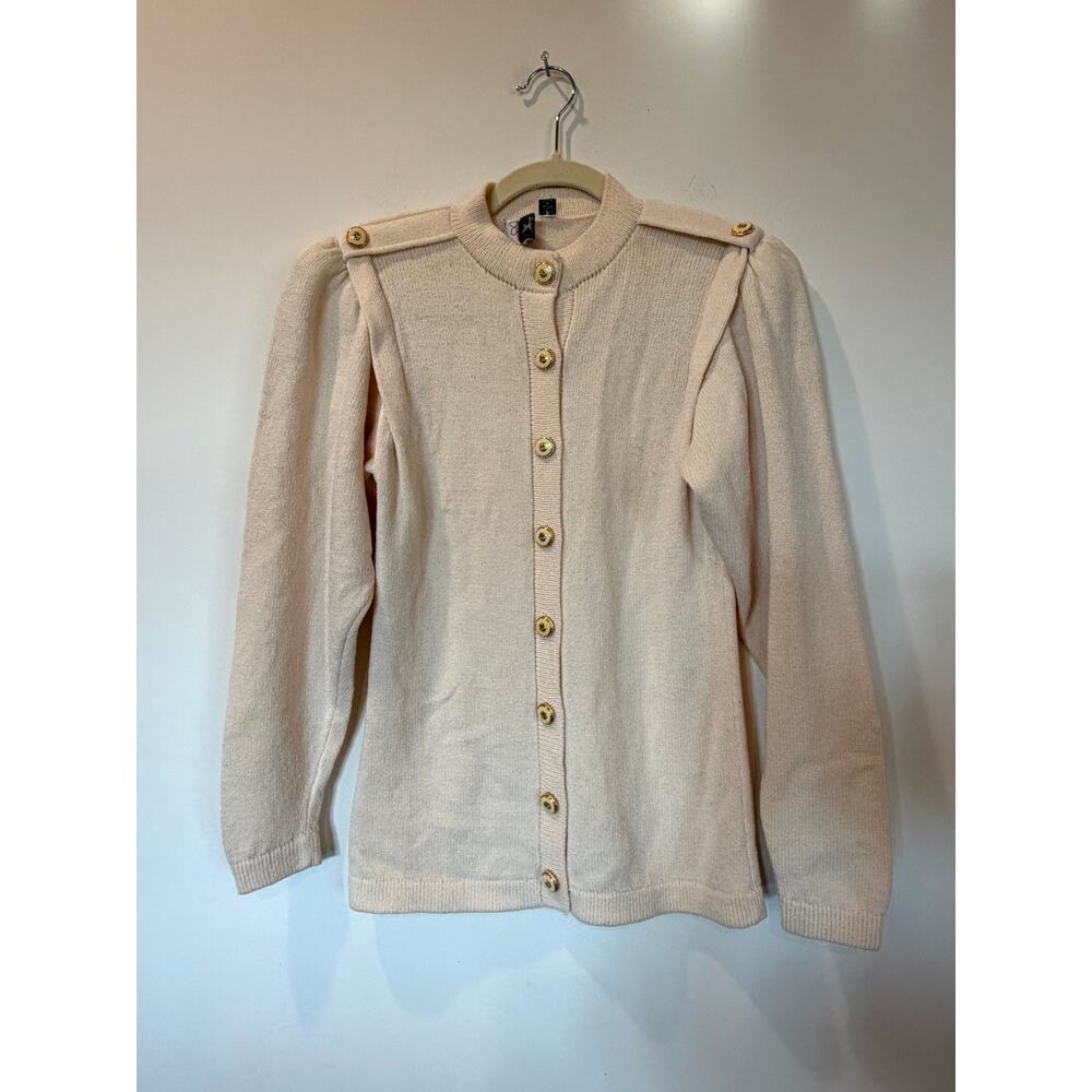 Vtg St John Santana Knit Cream Cardigan Sweater Small Epaulette puff shoulder